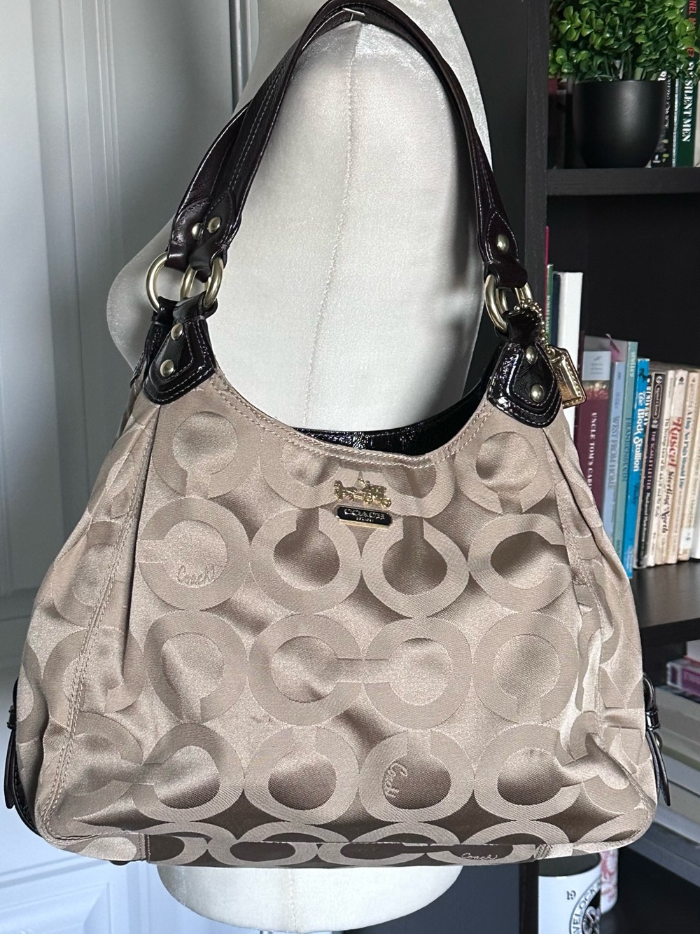 Coach Signature Sateen “Maggie” Shoulder Bag Champagne Gold Brown Leather